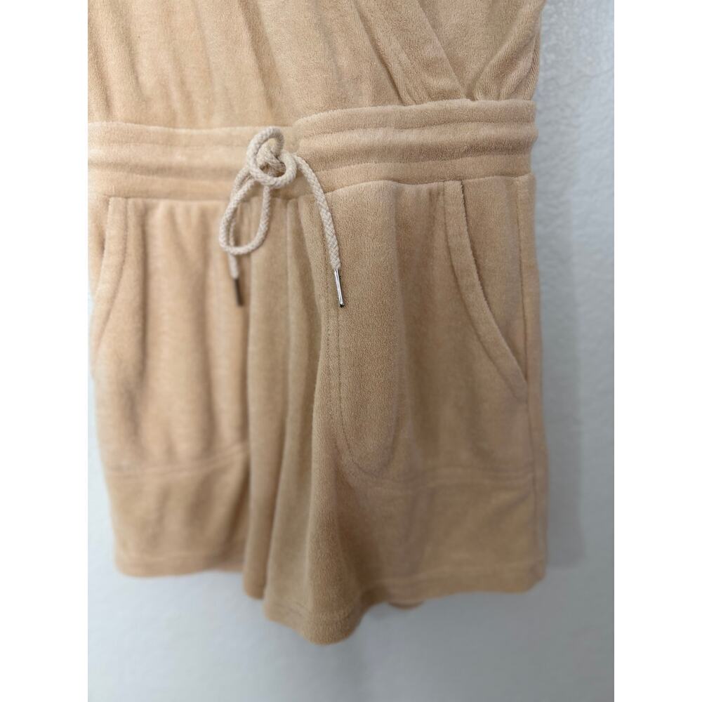 Malibu Bum Tan Terry Cloth Romper Size Small V-Neck Drawstring Lounge - Picture 3 of 4